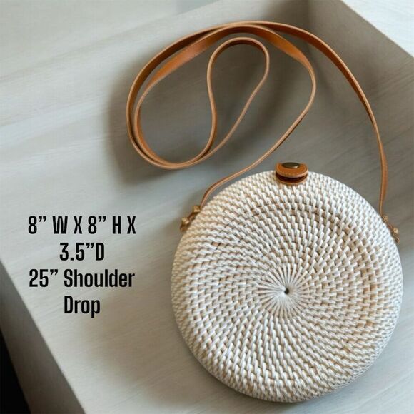 Trending Women's Circular White Cream Rattan Crossbody Bag Natural Floral Lining - Picture 4 of 7